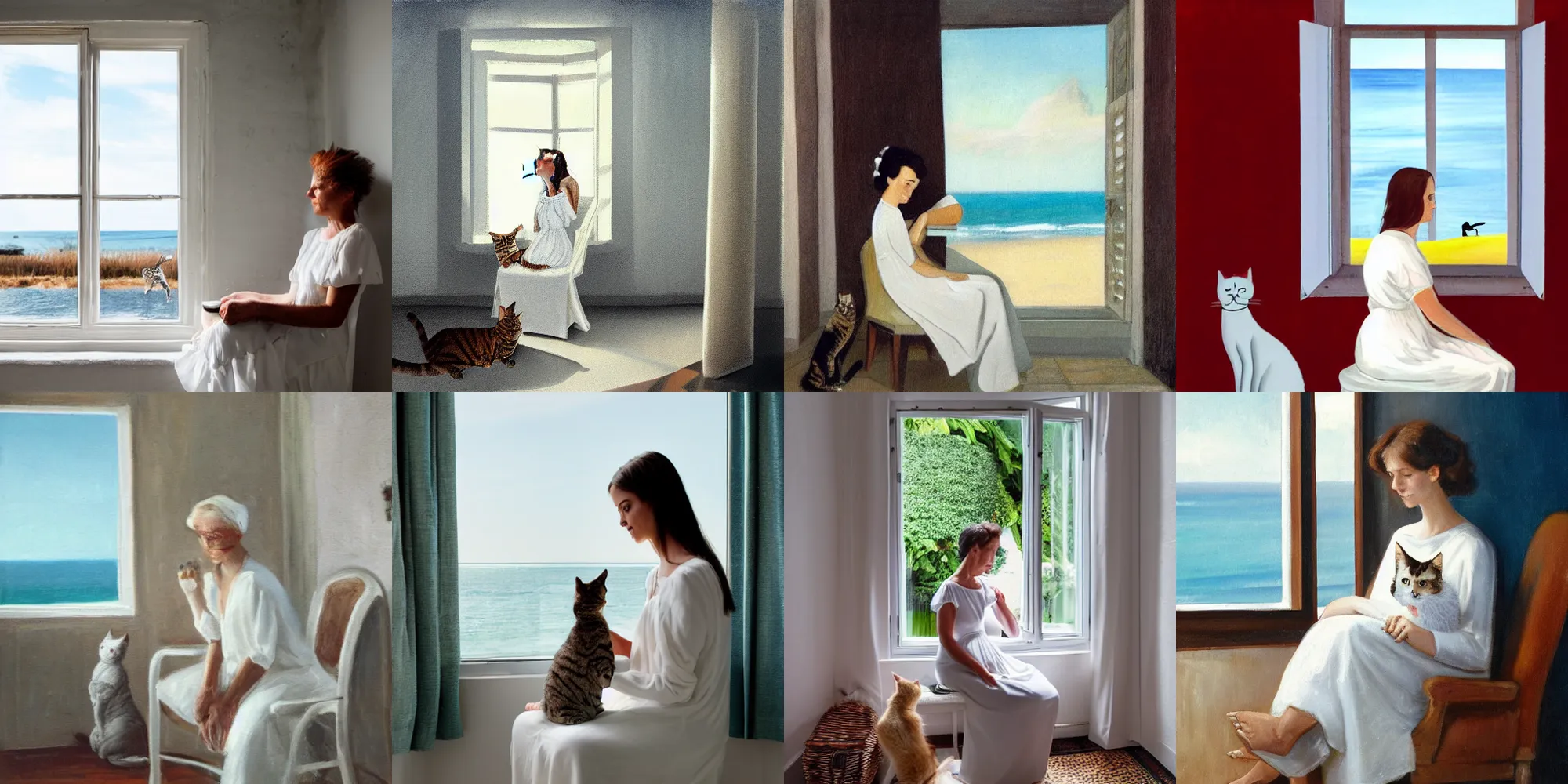 Prompt: a woman in a white dress sitting on chair with a cat on her lap in a white room in vanice, there is a window to the sea