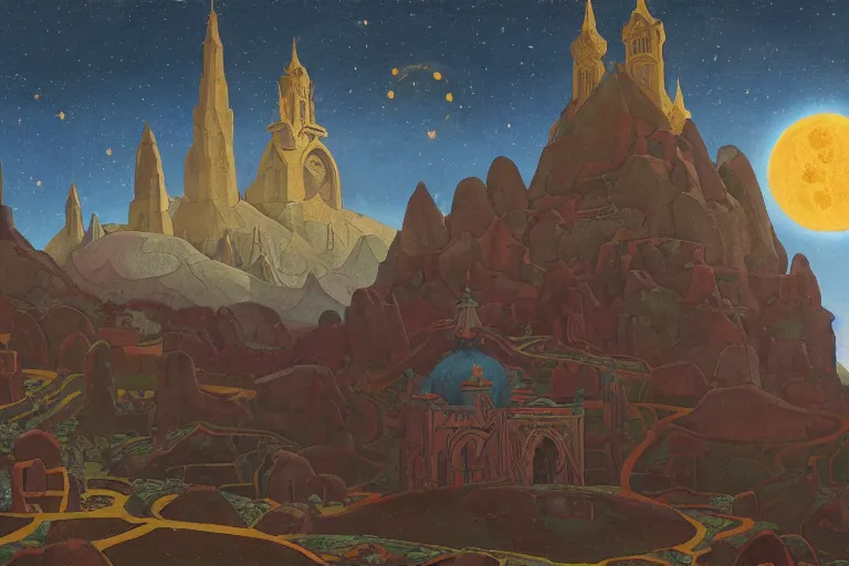 Prompt: the holy tower of the moon and stars and its surrounding gardens, dramatic cinematic lighting, ornate folk-art carved architecture, rich colors, by Nicholas Roerich and William Dyce and ford madox brown and April Gornik and Caspar David Friedrich and Diego Rivera and Tyler Edlin and Ivan Bilibin, featured on artstation