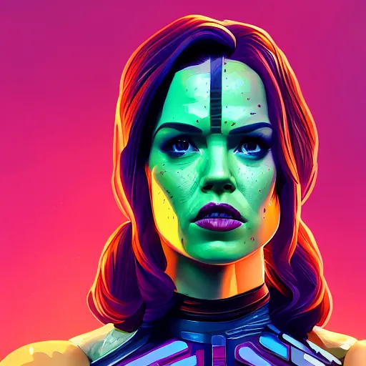 Prompt: Daisy Ridley as Gamora (Guardians of the Galaxy) by Sandra Chevrier, beeple, Pi-Slices and Kidmograph, beautiful digital illustration