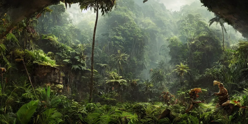 Image similar to tropical jungle, wall wood fortress, borderland style, Hyperrealistic CGI, Photorealistic, plants environment, wide angle, establishing shot, cinematic lighting, atmospheric, realistic, octane render, highly detailed, color graded, matte painting in the style of craig mullins