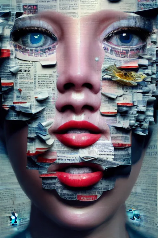 Image similar to 3 d, close - up, smiling fashion model, newspaper, tears, poster art, intricate oil painting, high detail, figurative art, multiple exposure, poster art, 3 d, by stanley kubrick and tooth wu and wlop and beeple