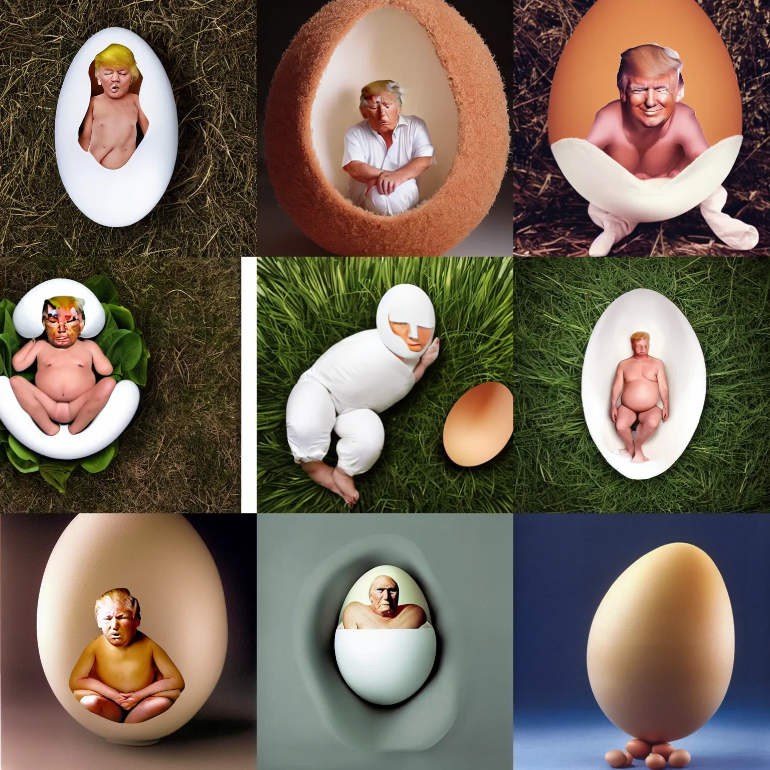 Prompt: Donald Trump in an eggshell photographed by Anne Geddes