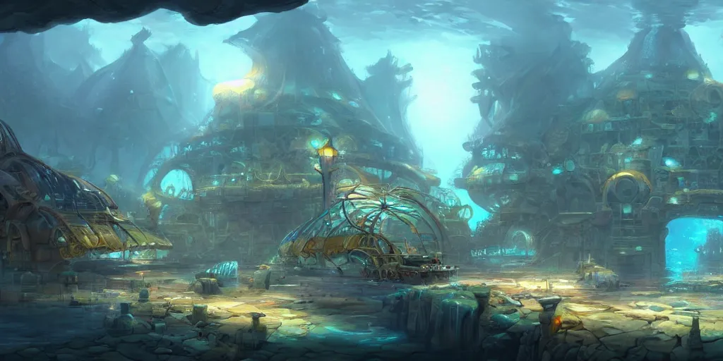 Image similar to a concept art of an underwater civilization by tyler edlin, trending on artstation, highly detailed, atmospheric, directional lighting, cinematic