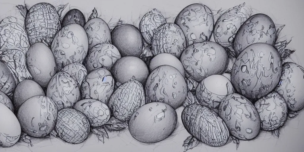 Prompt: an ultra - detailed pen drawing of smurfettes and color eggs.