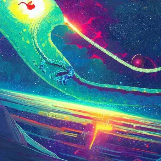 Image similar to a detailed painting of a long space snake serpent floating in space in a sea of colorful sea of stars, by alena aenami, petros afshar and greg rutkowski trending on artstation, deviantart, dragon scales, wyrm, wyvern, dragon, stars