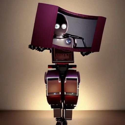 Prompt: futuristic studious matte brown and red and chrome full-body humanoid robot with two huge round expressive sad purple glowing LED eyes and open rectangular mouth sitting on a large comfortable cushioned 1950s vintage recliner reading a newspaper. open newspaper. full shot Cinematic Movie Photograph, Arri Alexa, Extremely Detailed, smooth, very very clean, 8K, octane render, maya render, unreal engine, trending on artstation, DSLR, excellent composition, center frame