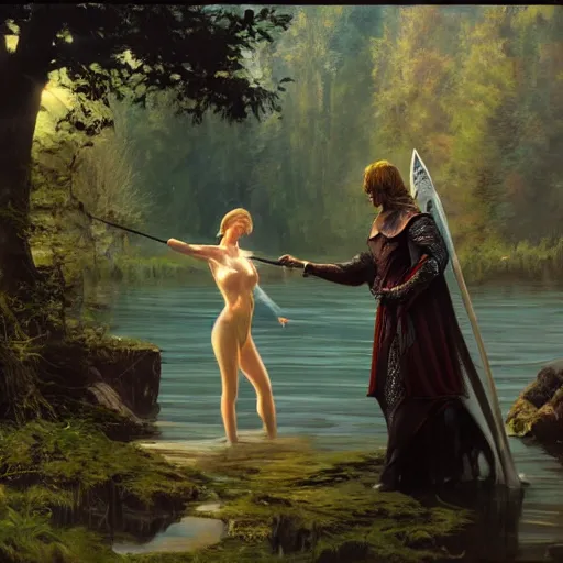 Image similar to the lady of the lake gives excalibur to king arthur by craig mullins and james gurney