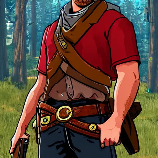 Image similar to Arthur Morgan from Red Dead Redemption 2 drawn in the style of The Legend of Zelda: Breath of the Wild