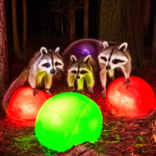 Image similar to raccoons in a ball pit in a forest at night with fairy lights