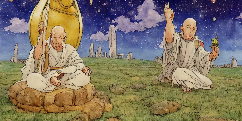 Image similar to a hyperrealist studio ghibli watercolor fantasy concept art of a giant medieval monk in lotus position in stonehenge with a starry sky in the background. a giant gold ufo is floating in the air. by rebecca guay, michael kaluta, charles vess