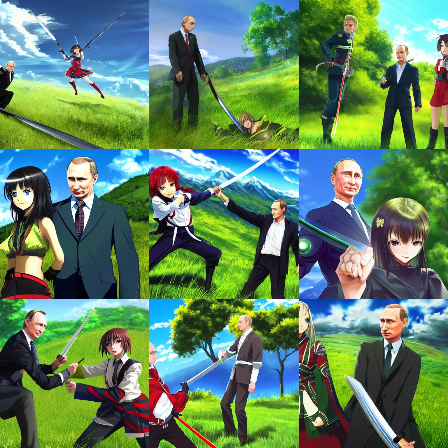 Prompt: Image of handsome photorealistic Vladimir Putin and an anime swordfighter girl on a bright green grassy hill with a deep blue sky in Genshin Impact pixiv game art