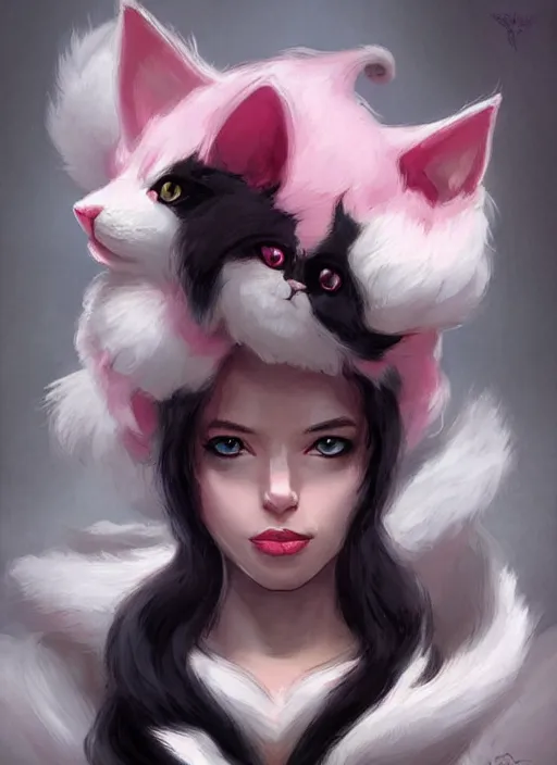 Image similar to cat white and black fur, pink nose, cute and adorable, pretty, beautiful, dnd character art portrait, 1 0 pounds, matte fantasy painting, deviantart artstation, by jason felix by steve argyle by tyler jacobson by peter mohrbacher, cinematic lighting