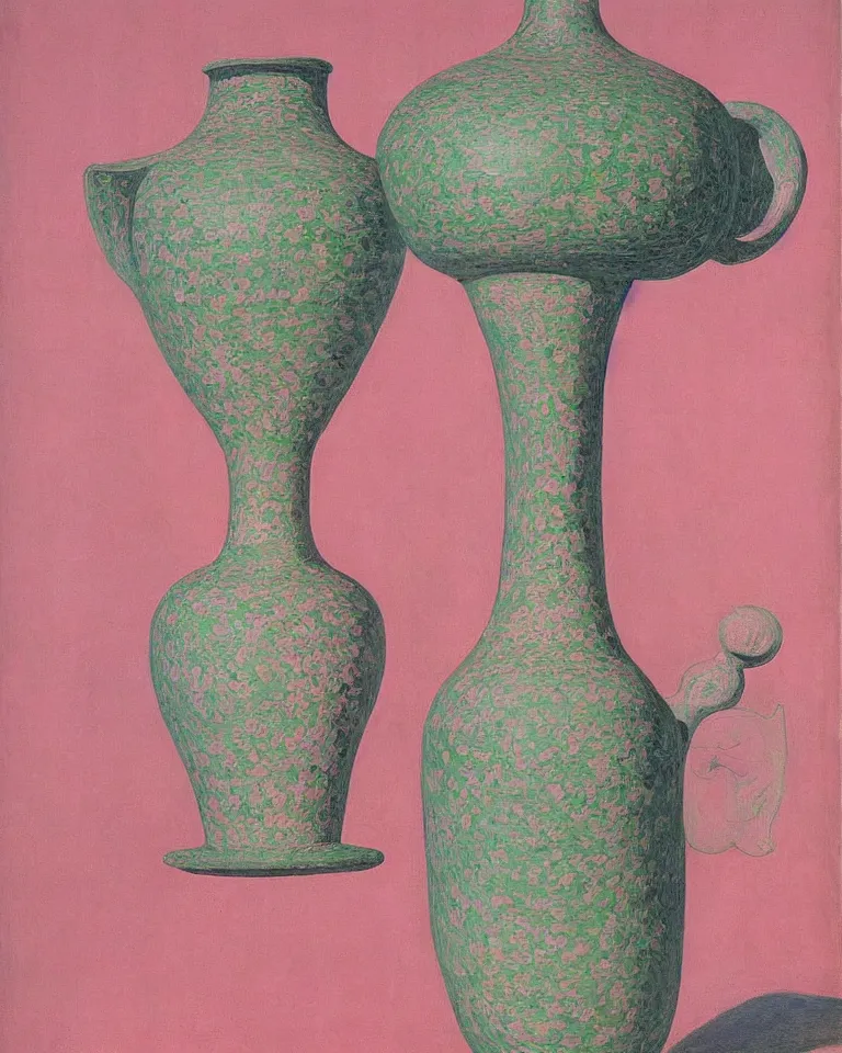 Prompt: achingly beautiful print of intricately painted ancient greek amphora on a pink background by rene magritte, monet, and picasso.