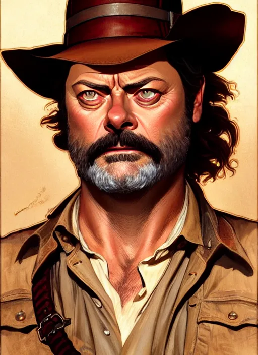 Image similar to portrait of nick offerman as indiana jones, intricate, elegant, highly detailed, digital painting, artstation, concept art, smooth, sharp focus, illustration, art by artgerm and greg rutkowski and alphonse mucha