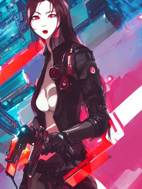 Image similar to a female character with a gun and a red background, cyberpunk art by muqi, featured on pixiv, rayonism, sci - fi, pixiv, official art