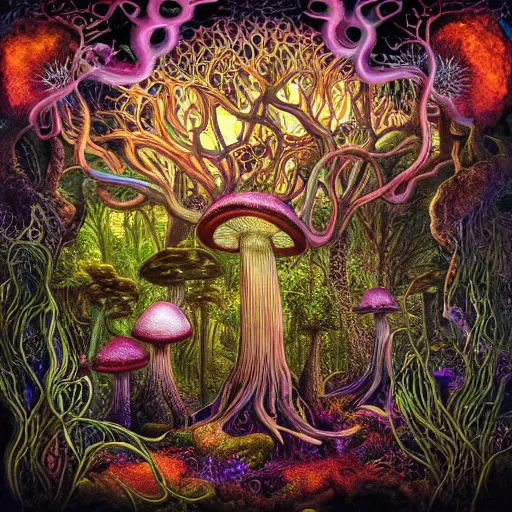 Image similar to psychedelic fantasy forest with glowing mushrooms and eerie trees in the style of Ernst Haeckel and Daniel Merriam, perfect award winning album art