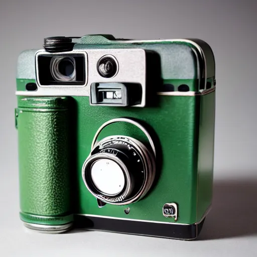 Image similar to photograph of a Yoda inspired medium format TLR camera!!! . very detailed. plain background. 8K . still life photo. elegant vintage design.