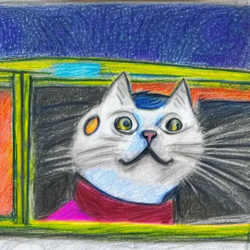 Image similar to An oil pastel drawing of an annoyed cat in a spaceship