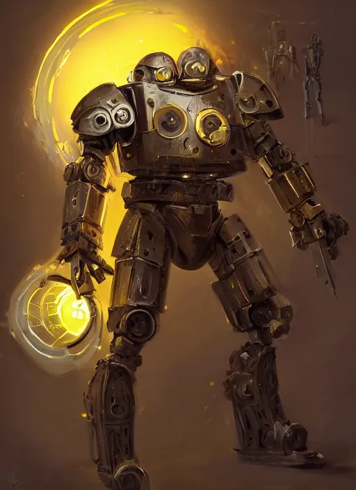 Prompt: full body, dynamic attack position abstract portrait of a intricate glorious holy mechanical warforged with circular glowing eye, character in yellow armor holding a paladin engraved great longsword drawn and carrying a big paladin shield, face in focus, pit droid, epic , trending on ArtStation, masterpiece, cinematic lighting, by Ross Tran and by Greg Rutkowski