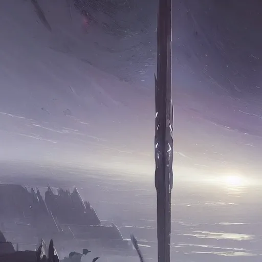 Image similar to concept art of a large space vessel in the shape of an spear by greg rutkowski