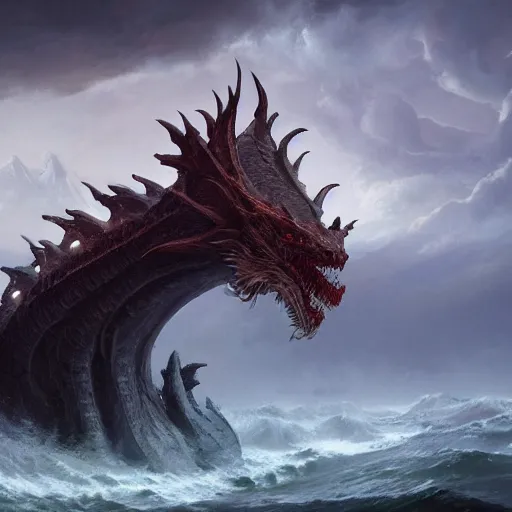 Image similar to A seven-headed dragon with ten horns coming out of the sea, well defined image , digital Art, Greg rutkowski, Trending artstation, cinematographic, hyperrealistic