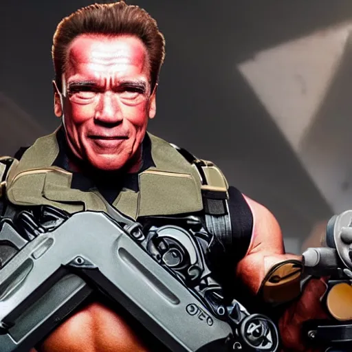 Image similar to a screenshot of arnold schwarzenegger as winston in overwatch