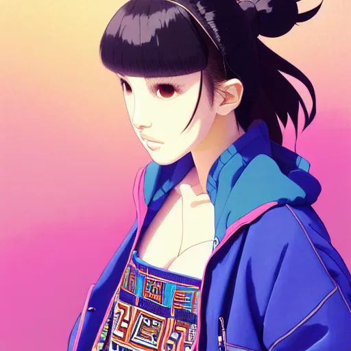 Image similar to a beautiful plus sized model japanese natalie portman, alluring, wearing oversized mayan bomber jacket and leotard with overalls, bulky poofy bomber jacket with mayan patterns, aztec street fashion, gapmoe yandere grimdark, trending on pixiv fanbox, painted by greg rutkowski makoto shinkai takashi takeuchi studio ghibli, akihiko yoshida
