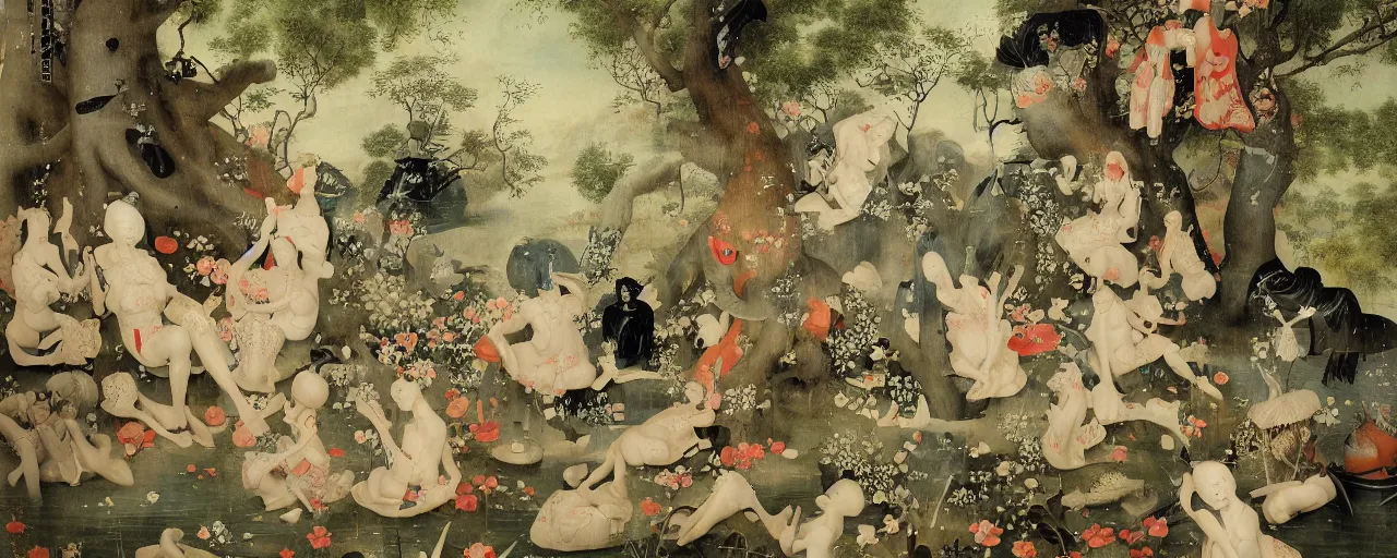 Image similar to Japanese Garden by Hieronymus Bosch and James Jean, Ross Tran, Porcelain Japanese Mannequins, HD, hypermaximalist, 8k, surreal oil painting, highly detailed, dream like, masterpiece