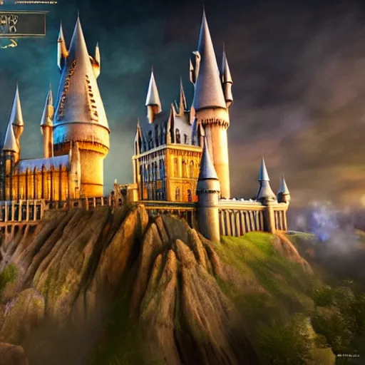 Image similar to hogwarts castle with fireworks and wizards flying on brooms in the night sky, volumetric lighting, 8 k octane beautifully detailed render, post - processing, extremely hyper - detailed, intricate, epic composition, cinematic lighting, masterpiece, trending on artstation, detailed detailed detailed, masterpiece, stunning art by anders zorn, wonderful masterpiece by greg rutkowski, beautiful cinematic light,