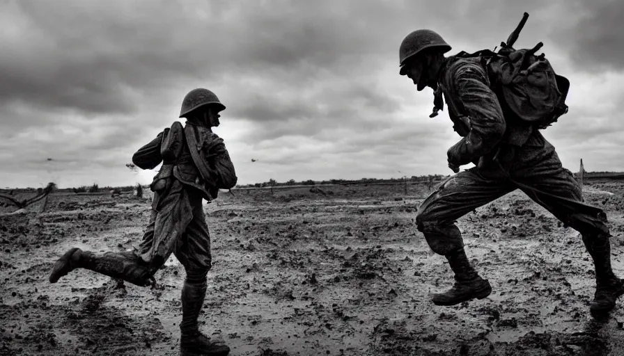 Image similar to screaming World War 1 soldier running across No Mans Land, wartorn landscape, lots of mud puddles and craters, dirty lens, cinematic lighting, IMAX cinematography, 35mm
