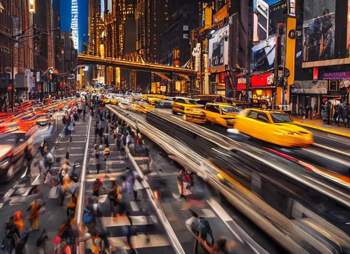 Image similar to busy nyc street , dense traffic metro train on bridge over street, cinematic lighting, professional photo