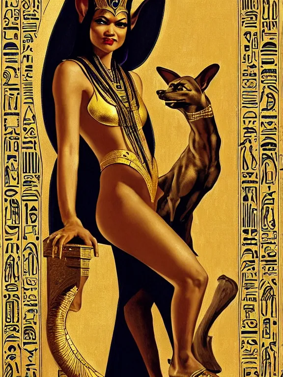 Image similar to zendaya as the Egyptian goddess Anubis the scales of life and death, a beautiful art nouveau portrait by Gil elvgren, Nile river environment , centered composition, defined features, golden ratio, gold jewelry