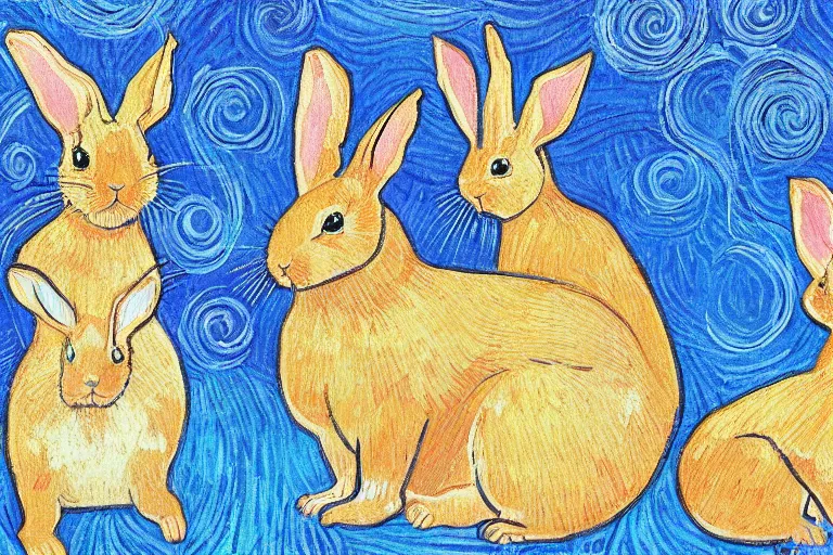 Image similar to beautiful art illustration of a group of rabbits by laurel burch and van gogh, highly detailed