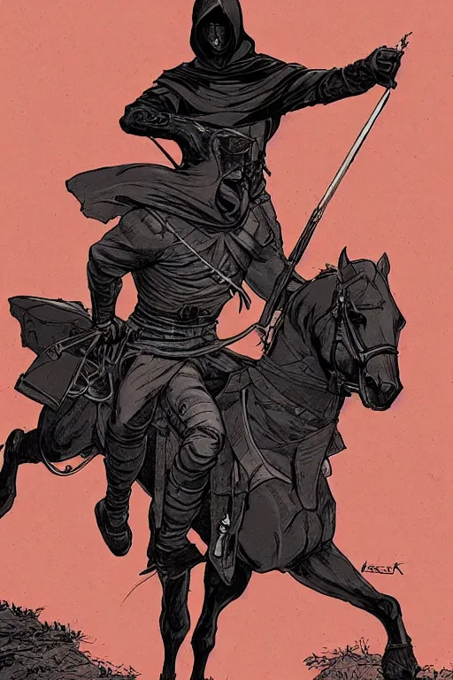 Prompt: assassin in dark clothes on a horse with hood, posed like frazetta black rider, by moebius and dan mumford, monochrome background, colorful comics style