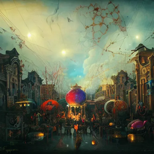 Image similar to ultra realist soft painting of a curiosities carnival by night, nightmare fuel, omnious sky, symmetry accurate features, very intricate details, film noir, volumetric clouds, desolated world, Tom Bagshaw