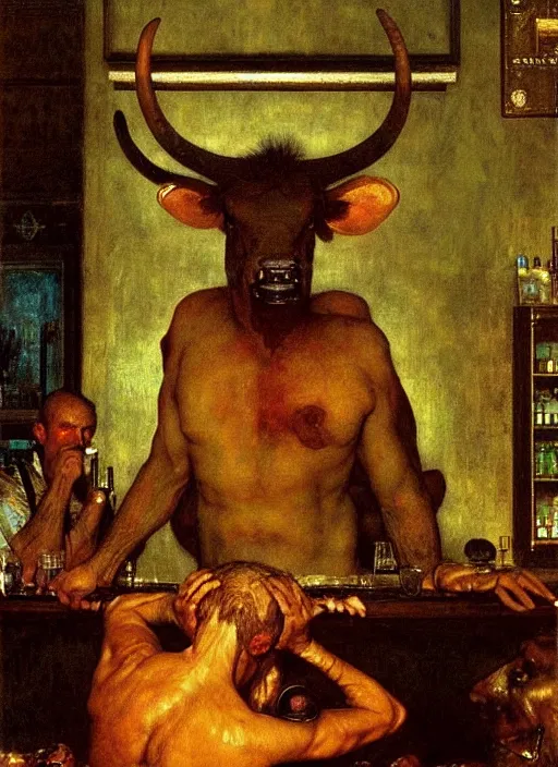 Image similar to upper body portrait of a minotaur in a pub, by lawrence alma-tadema and zdzislaw beksinski and norman rockwell and jack kirby, artstation creature art