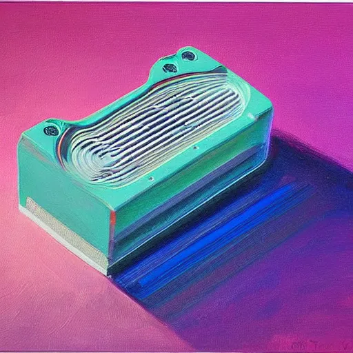 Image similar to a painting by Wayne Thiebaud of a high end Nvidia GPU RTX, cooling, high specs, ethereal!!!!!!!, by Wayne Thiebaud, neon gradient, highly detailed GPU