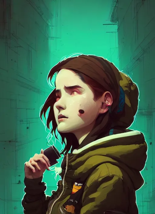 Prompt: highly detailed portrait of a cloudpunk young seattle lady, tartan hoody, by atey ghailan, by greg rutkowski, by greg tocchini, by james gilleard, by joe fenton, by kaethe butcher, gradient green, brown, blonde crea, orange, brown and white color scheme, grunge aesthetic!!! ( ( graffiti tag wall background ) )
