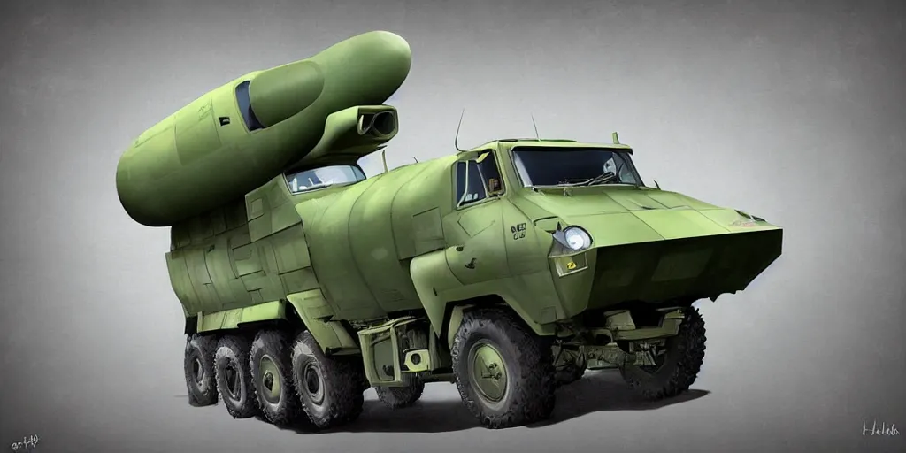 Prompt: HIMARS with missile, eyes and smile, Cars Pixar movie style, detailed, green, digital art