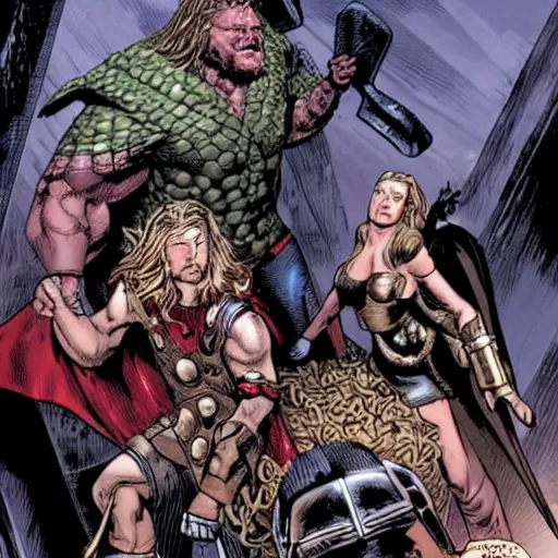 Prompt: Thor enlists the help of Valkyrie, Korg and ex-girlfriend Jane Foster to fight Gorr the God Butcher, who intends to make the gods extinct.