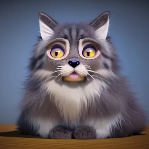 Image similar to high quality 3 d render very cute fluffy cat with big eyes highly detailed, unreal engine cinematic smooth, with rim light, low angle, uhd 8 k, sharp focus