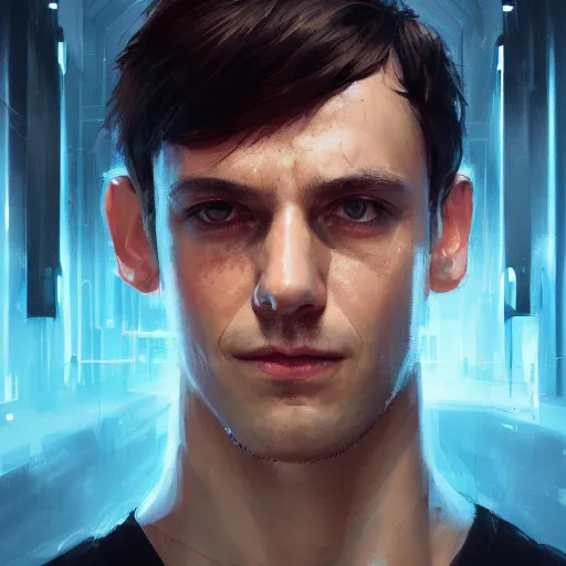 Image similar to Portrait of a man by Greg Rutkowski, symmetrical face, a young man using a VR headset, Kubrick stare, crooked smile, highly detailed portrait, scifi, digital painting, artstation, book cover, cyberpunk, concept art, smooth, sharp foccus ilustration, Artstation HQ