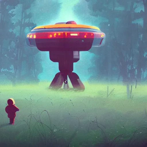 Prompt: It's the autumn, the wind blow the mist on a field, we're close to a forest. A child in a scifi outfit is looking at a big robot while a spaceship is flying above, in the style of Simon Stålenhag