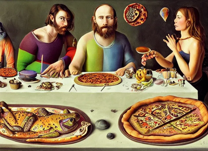 Prompt: hyper realistic detailed painting of a heavy tattooed frog couple in baroque clothes in mid 70s italian restaurant eating pepperoni pizza with roasted rainbow and drinking black sparkling milk by Andrei Tarkovsky, Adrian Ghenie, Storm Thorgerson, and Beeple, semi naive, pastel colors, Hilma af Klint palette, cinematic, last supper composition. Beksinski painting, part by Adrian Ghenie and Greg Hildebrandt. art by Neo Rauch. masterpiece
