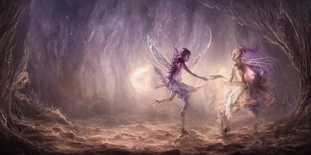 Image similar to concept art of translucent glowing fairies dancing, lovecraftian, renaissance, melting, round moon, rich clouds, fighting the horrors of the unknown, very detailed, volumetric light, mist, fine art, decaying, textured oil over canvas, epic fantasy art, very colorful, ornate intricate scales