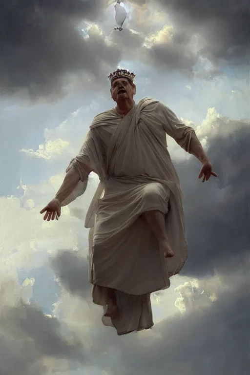 Prompt: beautiful oil painting portrait of ancient roman god emperor steve buscemi floating in the air wearing the civic crown levitating and ascending in a religious pose, ascension, art by anders zorn, wonderful masterpiece by greg rutkowski, expressive brush strokes, beautiful cinematic light, american romanticism by greg manchess, jessica rossier