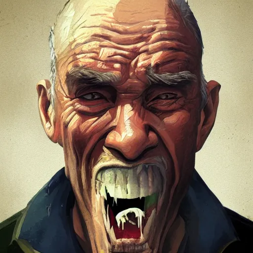 Image similar to old man portrait, grenade in his teeth, flat background, greg rutkowski gta san andreas art