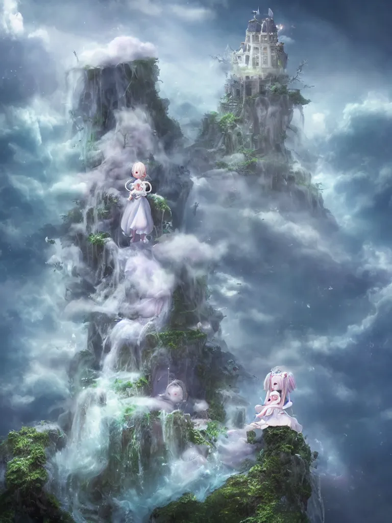 Image similar to cute fumo plush of a princess girl in a tower on a tiny island which she lays sole claim to, selfish empress of the abyss, tempestuous waters and thunderclouds, waterfall, wisps of volumetric smoke and fog, gothic wraith maiden in tattered white dress, floating island, vignette, vray