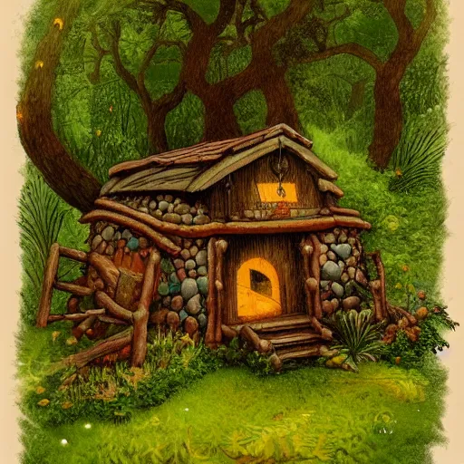 Image similar to Forest hut in the style of James Christensen