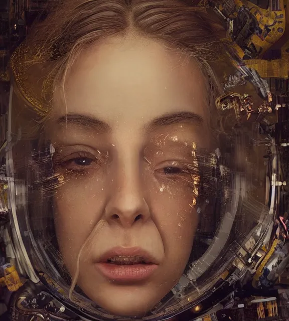 Image similar to hyperrealistic portrait of a woman monster astronaut, sofia coppola, full body portrait, well lit, intricate abstract. gucci style, intricate artwork, high detail, figurative art, multiple exposure, poster art, 3 d, by stanley kubrick and tooth wu and wlop and beeple, realistic, hyperdetailed, 8 k resolution.